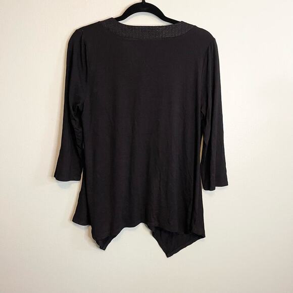 Adrianna Pappell Black Embroidered Stretch V Neck 3/4 Sleeve Top Medium NWT - Picture 2 of 7